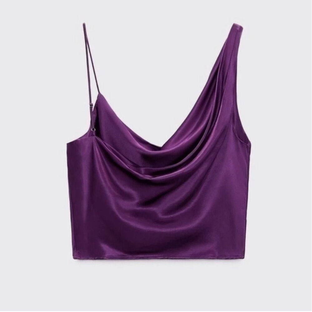 Zara Satin Asymmetrical Crop Top – Brand New with Tags NWT – Size S 💜 - Picture 7 of 12